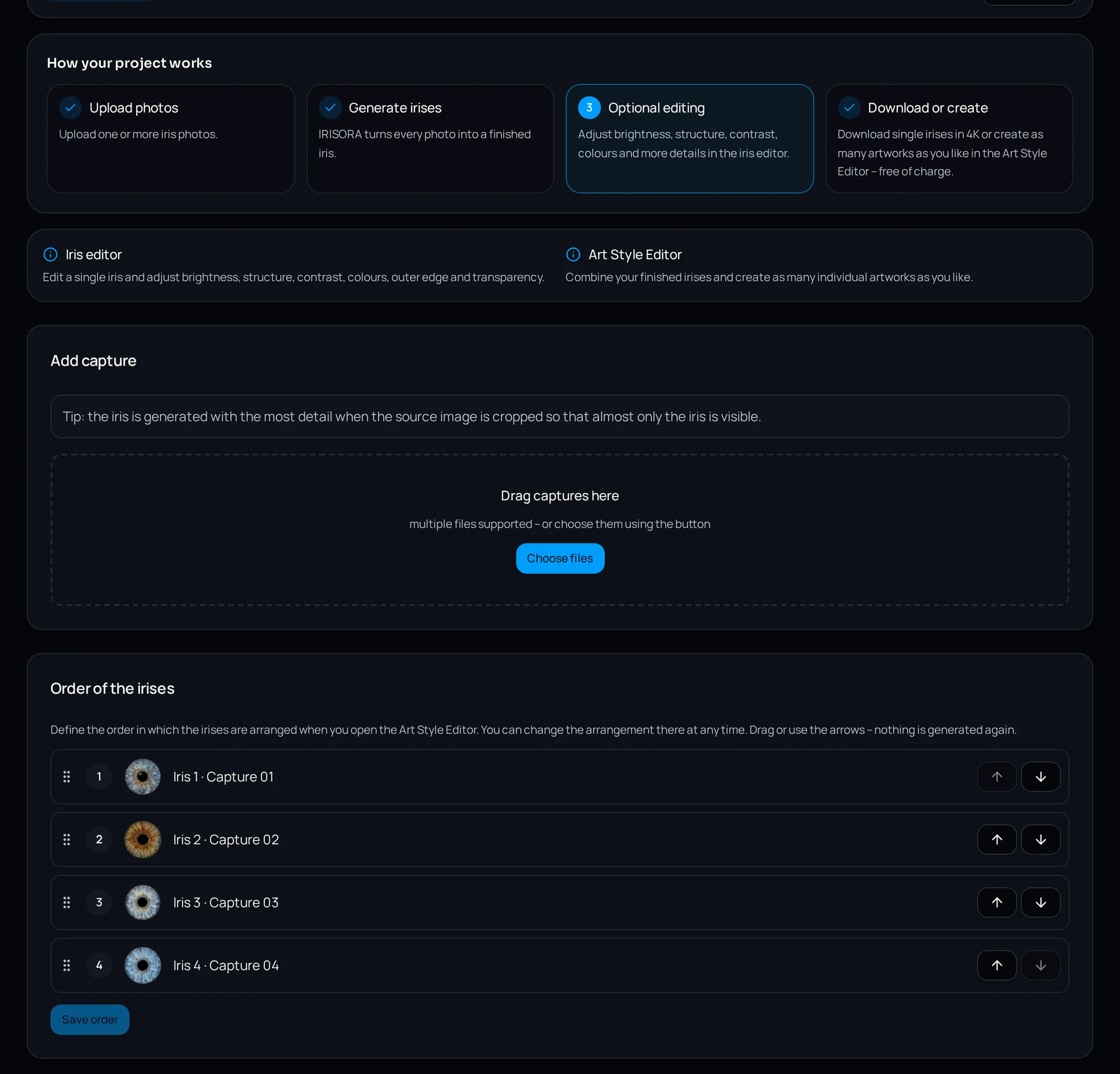 Project view with the four work steps, upload area and iris ordering